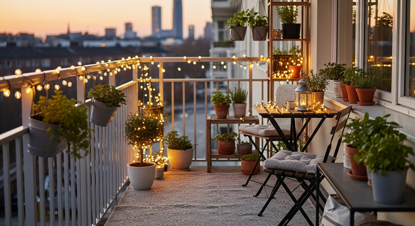 Dùng đèn ánh sáng Fairy Lights trang trí ban công chung cư